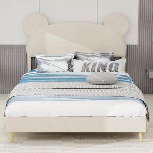 Cama infantil baixa 140x200cm bege com cabeceira orelhas urso