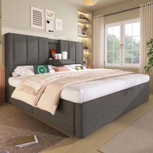 Cama arrumação 180x200cm cinza com suporte copo