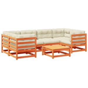 vidaXL set de sofás jardín 7 pzas con cojines madera pino marrón cera