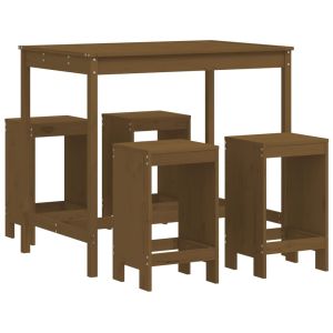 vidaXL mesa y taburetes altos de jardín 5 pzas madera pino marrón miel