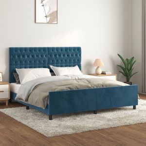 Cama c/ cabeceira 180x200 cm veludo azul-escuro seaw6851