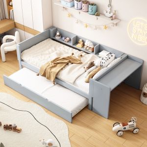 Cama 90x200cm com cama auxiliar, secretária e estantes madeira cinzenta