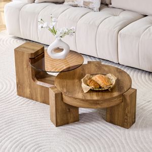 Mesa de centro 2 em 1 redonda mdf e vidro castanho 30x61x61cm