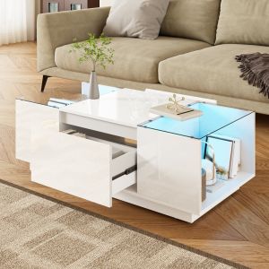 Mesa de centro com iluminação LED e 2 gavetas branca 35x105x50cm
