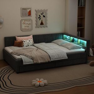 Cama banco 140x200cm sofá-cama, LED, usb-c, gavetas, cinza