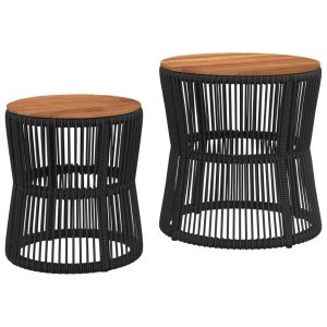 Mesas de apoio p/ jardim c/ tampo de madeira 2pcs vime pe preto