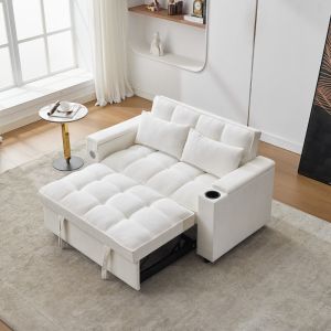 Sofá cama dobrável 2 lugares em tecido bege com usb e mesa oculta