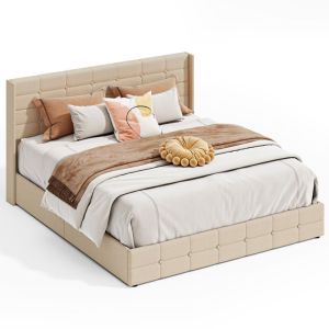 Cama baú estofada bege - 2 lugares - 180 x 200 cm