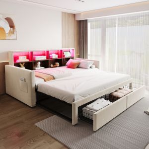 Sofá-cama estofado extensível em veludo bege 90x190 cm com LED e arrumação