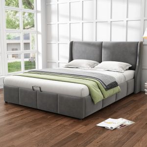 Cama estofada 160x200cm com arrumação veludo cinzento