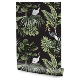 Papel de parede quarto grous pássaros folhas exóticas