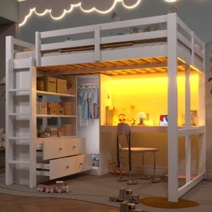 Cama alta 140x200cm com mesa, arrumação e luz LED madeira e mdf – branco