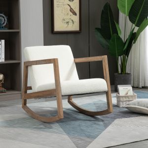 Cadeira de balanço estofada em poliéster creme branco estrutura madeira