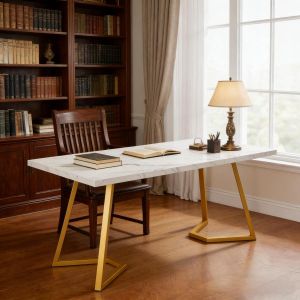 Secretária para escritório em casa madeira e metal branco dourado