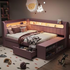 Sofá cama 90x200cm com usb LED 7 cores 2 gavetas rosa