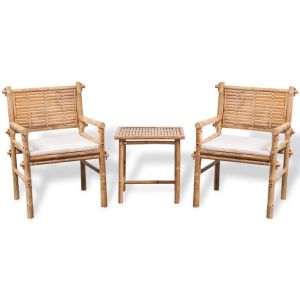 vidaXL set mesa y sillas terraza 3 pzas con cojines bambú