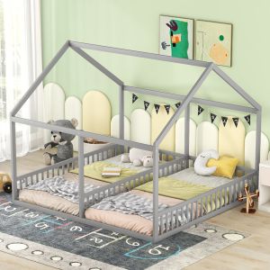 Cama casinha 90 x 200 cm com 2 leitos e grade madeira – cinzento