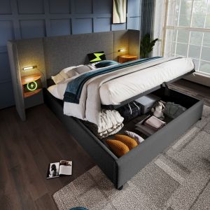 Cama estofada 180x200cm com arrumação candeeiro madeira metal cinzento