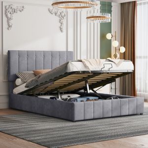 Cama estofada 140x200 cm com arrumação hidráulica veludo – cinzento