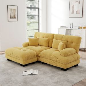 Sofá modular com otomanas em chenille amarelo com almofadas