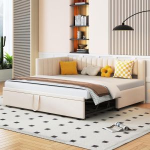 Sofá-cama com cama gavetão extensível 90x200cm a 180cm, bege