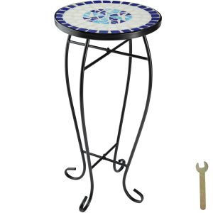 Mesa dobrável de varanda, mosaico, 30 x 30 x 61,5 cm, branco/azul
