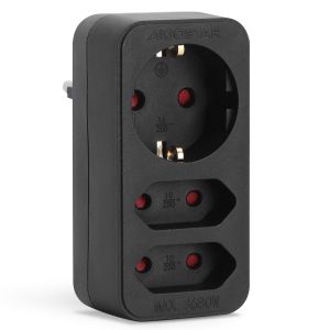 Aigostar adaptador 3 tomadas, 1 schuko + 2 tomadas eu, proteção infantil