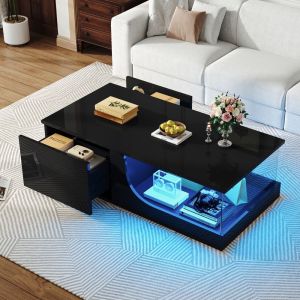 Mesa de centro com iluminação LED 2 gavetas preto 30x100x50cm