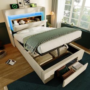Cama estofada 90x200 cm com arrumação, cabeceira LED usb, bege