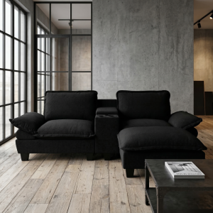 Sofá modular em l em chenille preto com otomana e arrumação