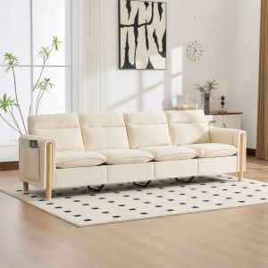 Sofá modular em u em chenille bege 4 lugares com 2 pufes de arrumação