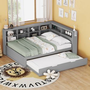 Sofá-cama de madeira cinzento com cama auxiliar e usb 140x200