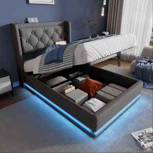 Cama estofada 90x200cm com arrumação e luz LED – cinzento