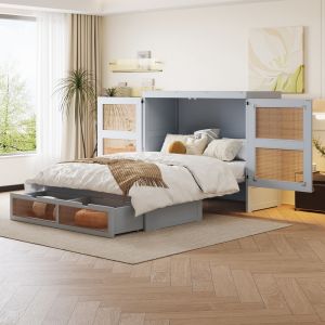 Cama embutida, 140 x 200 cm, design em vime, cama de madeira,cinzento.