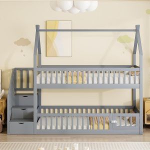 Beliche infantil 90x200cm com escada e gavetas cinzento