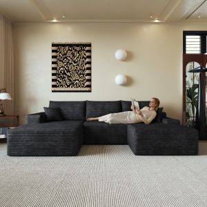Sofá de canto modular 270 cm em veludo cotelê preto sem montagem
