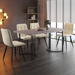 Conjunto mesa de jantar 5 peças 140x80cm mdf cinzento com cadeiras veludo