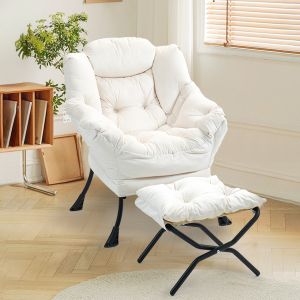 Poltrona relax em metal branco sujo com apoio para pés dobrável