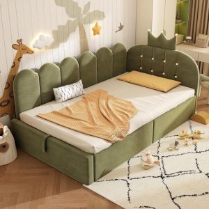 Cama de dia 90x190cm em veludo, l reversível, baú hidráulico verde