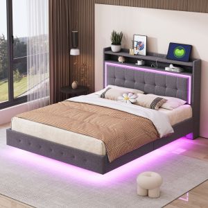 Cama estofada 140x200cm com usb e luz LED em linho cinzento
