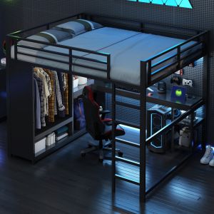 Cama alta 160x200cm com secretária LED e arrumação metal – preto