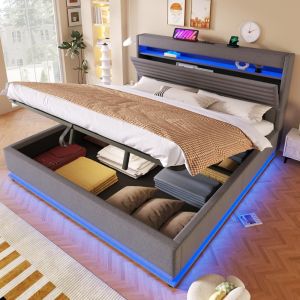 Cama estofada 180x200cm com arrumação elevatória LED e usb lino cinzento