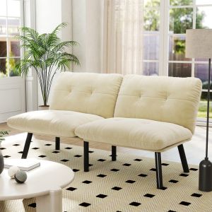Sofá cama dobrável em veludo creme 2 lugares para espaços pequenos
