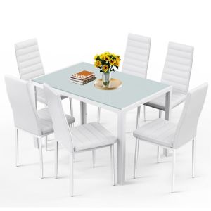 Conjunto mesa de jantar - vidro - 6 cadeiras pu - branco