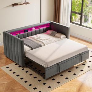 Sofá cama 90x190cm veludo com luzes LED e usb c cinzento