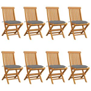 Cadeiras de jardim c/ almofadões cinzentos 8 pcs teca maciça