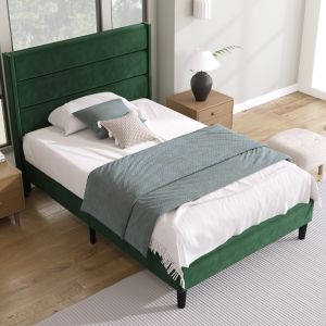 Cama estofada 90x200cm com cabeceira e estrado veludo – verde escuro