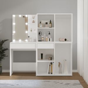 Toucador com 2 armários e luzes LED derivados de madeira branco pt5315