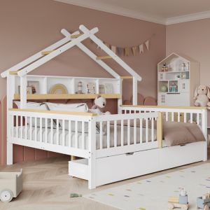 Cama infantil 140x200cm com arrumação e grade madeira – branco e natural