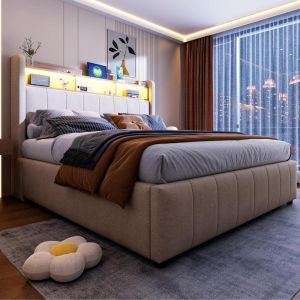 Cama casal estofada com LED usb e arrumação 140x200cm bege